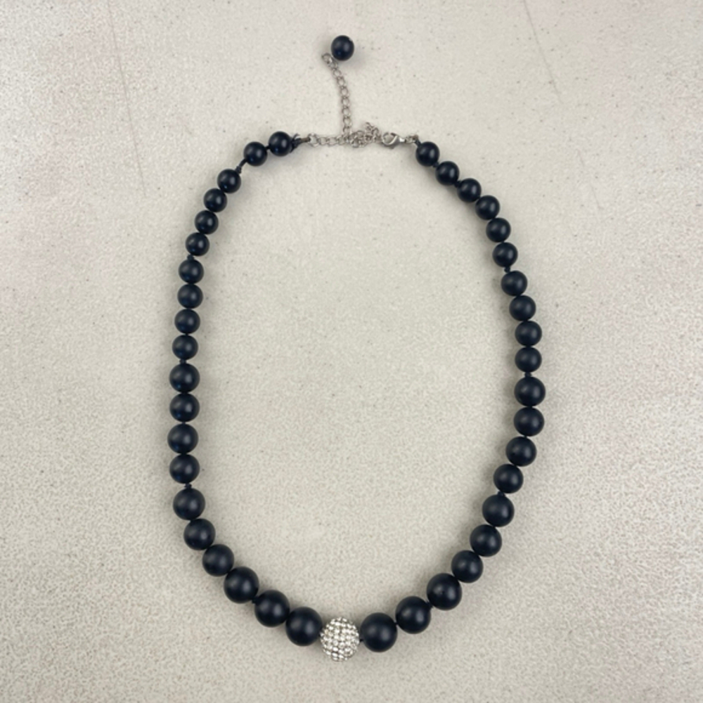 Vintage Crystal Rhinestone & Black Resin Bead Necklace 90s Chunky Beaded Strand